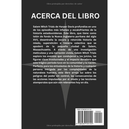 Book back cover with text about Salem Witch Trials and its historical significance.