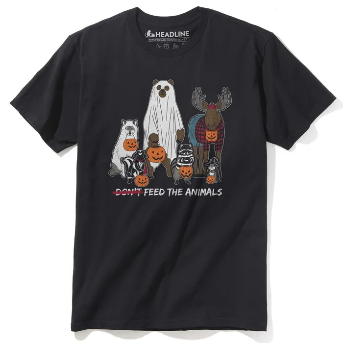 Black t-shirt with Halloween-themed graphic of animals and text 'Don't Feed the Animals' with the word don't crossed out on a white background.