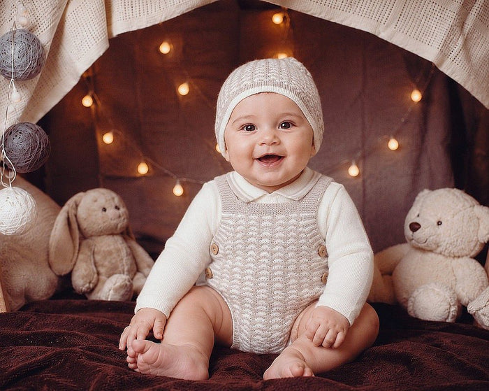 Knitted Baby 2 pcs Short Dungaree Set with Hat (NB-9m) (PK6) - BW-10-1259