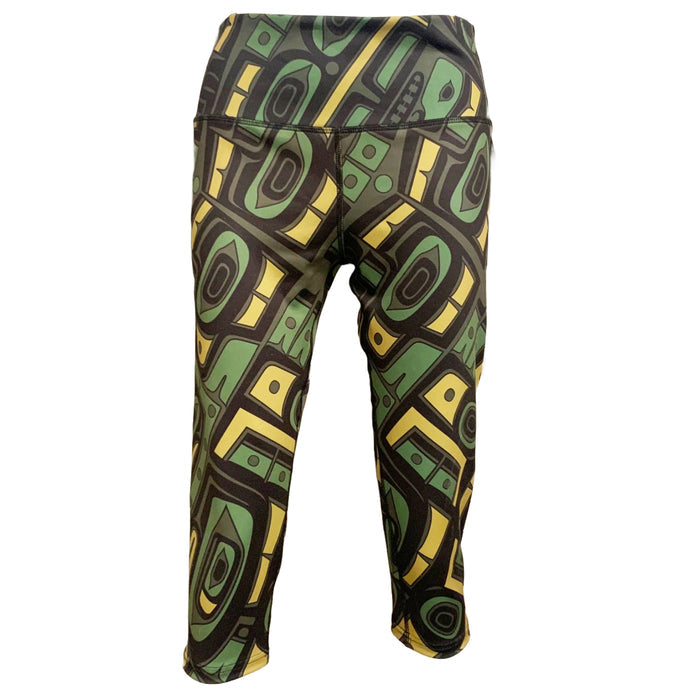 Leggings in an abstract pattern in green, yellow and black