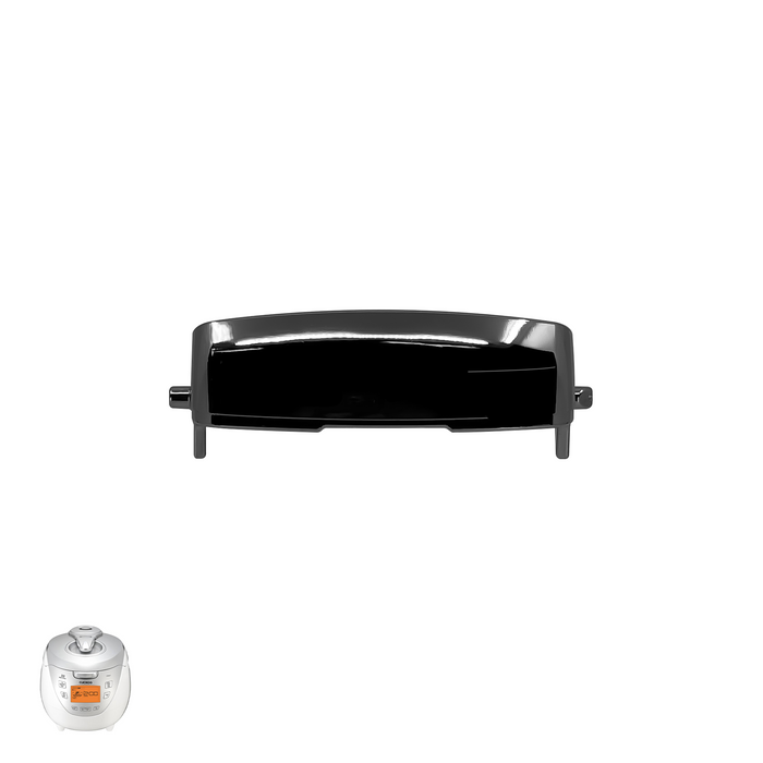 Replacement black lid clamp for Cuckoo rice cookers, shown with a compatible model. (00161-0131B0)