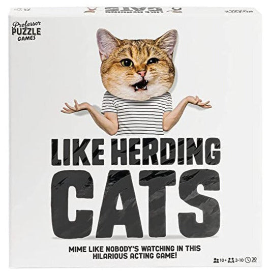 The product image shows the packaging of 'Like Herding Cats' game which features an acting game where players mime like nobody's watching. The cover has an illustration of a cat wearing a striped shirt.
