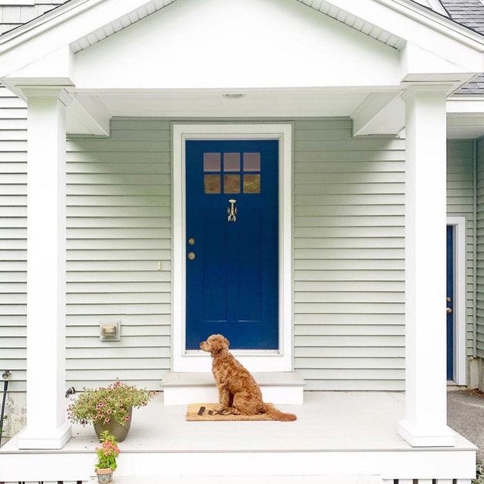 Front entryway with a brass door knocker in the shape of a lobster mounted on a blue door. A dog is sitting in front of the door. The dog appears sad because he cannot reach the lobster door knocker.