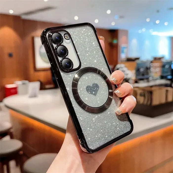 a woman holding up a phone case with a camera