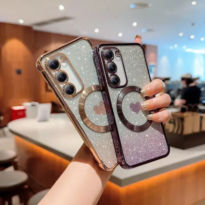 a woman holding up a phone case with a phone holder