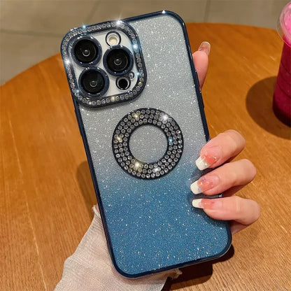 a woman holding a phone case with a ring on it