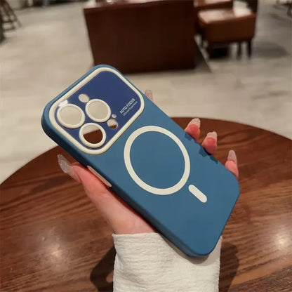 a woman holding a phone case with a camera