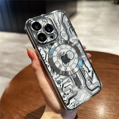 a woman holding a phone case with a clock design on it