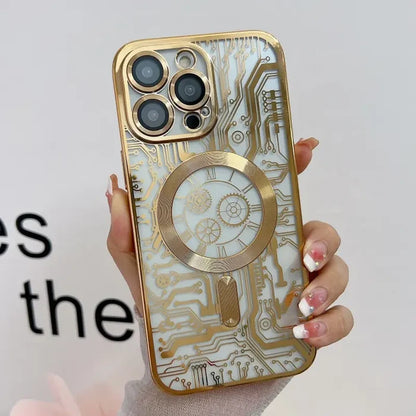 a woman holding a phone case with a clock design