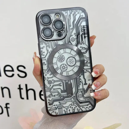 a woman holding a phone case with a clock design