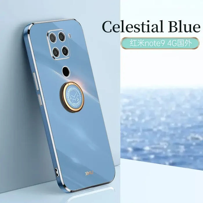 a blue phone with a gold ring on it