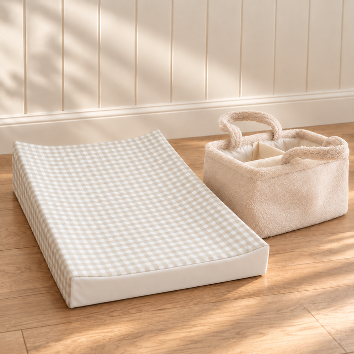 Mabel & Fox - Milk Nappy Caddy & Beige Gingham Wedge Bundle