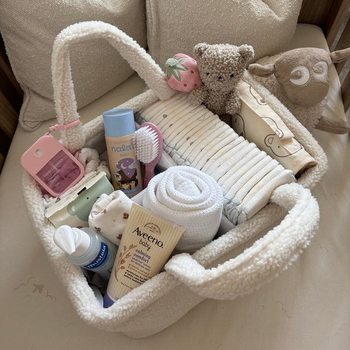 Mabel & Fox - Milk Nappy Caddy & Beige Gingham Wedge Bundle