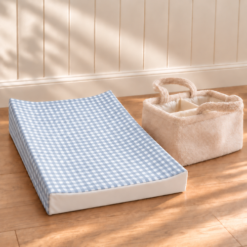 Mabel & Fox - Milk Nappy Caddy & Blue Gingham Wedge Bundle