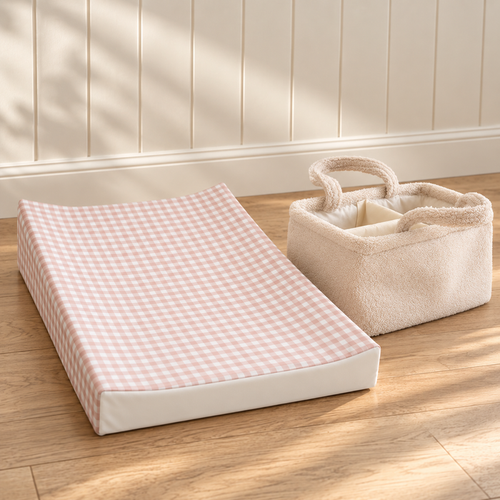 Mabel & Fox - Milk Nappy Caddy & Blush Gingham Wedge Bundle