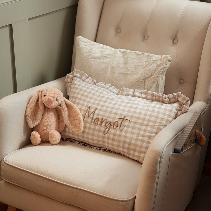 Mabel & Fox - Personalised Gingham Ruffle Cushion Cover - Beige