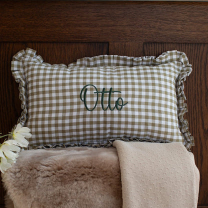 Mabel & Fox - Personalised Gingham Ruffle Cushion Cover - Olive Green
