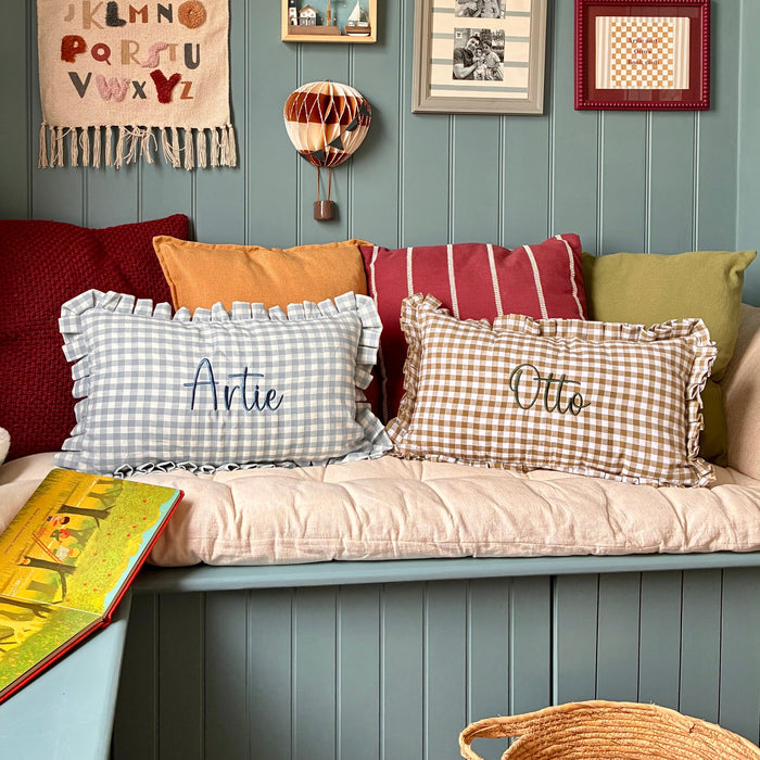 Mabel & Fox - Personalised Gingham Ruffle Cushion Cover - Olive Green