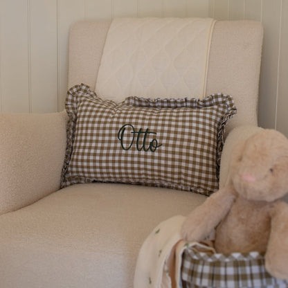 Mabel & Fox - Personalised Gingham Ruffle Cushion Cover - Olive Green