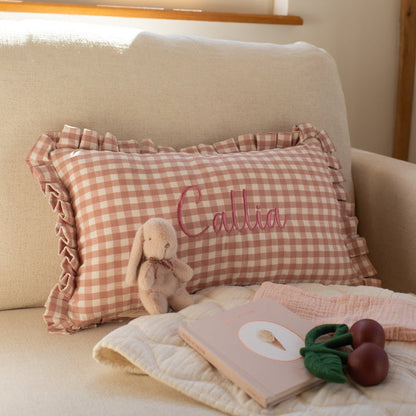 Mabel & Fox - Personalised Gingham Ruffle Cushion Cover - Pink