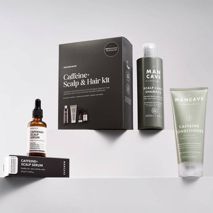 Mancave caffeine scalp and hair care kit on a white background