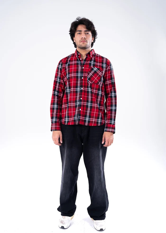 Men's winter casual shirt, red and black plaid, button-up with chest pocket