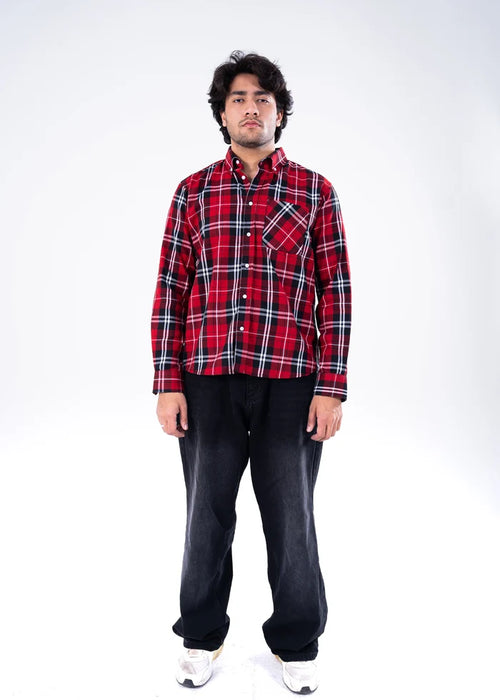 Men's winter casual shirt, red and black plaid, button-up with chest pocket