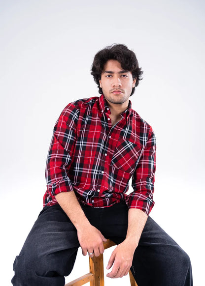Men's winter casual shirt, red and black plaid, button-up with chest pocket detail