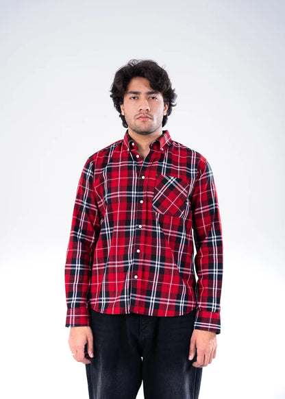 Men's winter casual shirt, red/black/white plaid, button-up, chest pocket visible