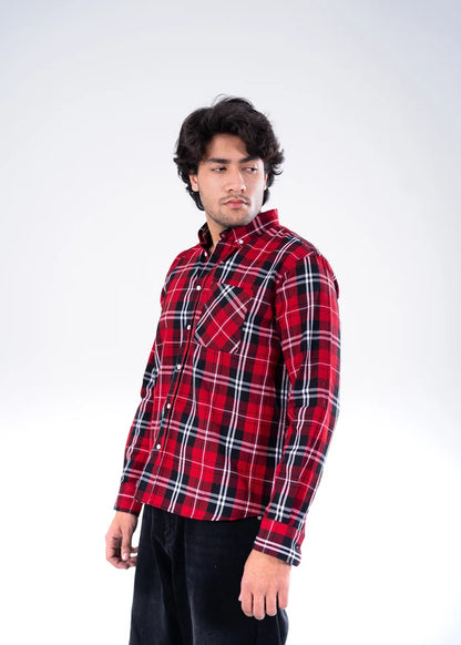 Men's winter casual shirt, red and black plaid, button-up, side view