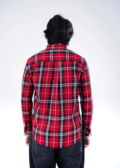 Men's winter casual shirt, red and black plaid, back view with yoke and buttons