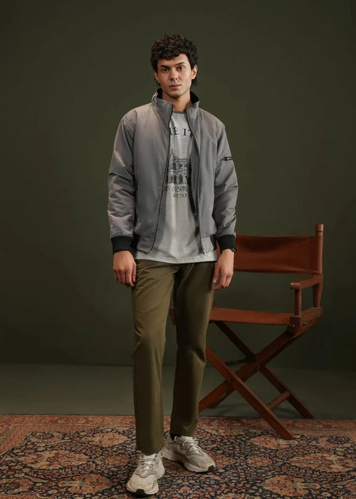 Men's grey winter jacket over T-shirt, standing collar, zip front, side pockets