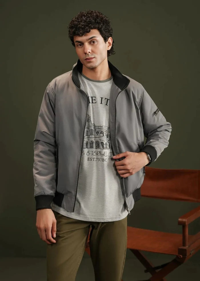 Men's grey memory-style winter jacket with zip front and ribbed cuffs