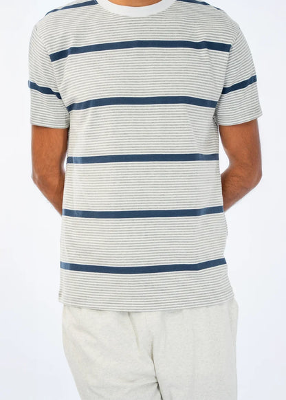 Blue and white striped crewneck T-shirt with short sleeves; light matching pants.