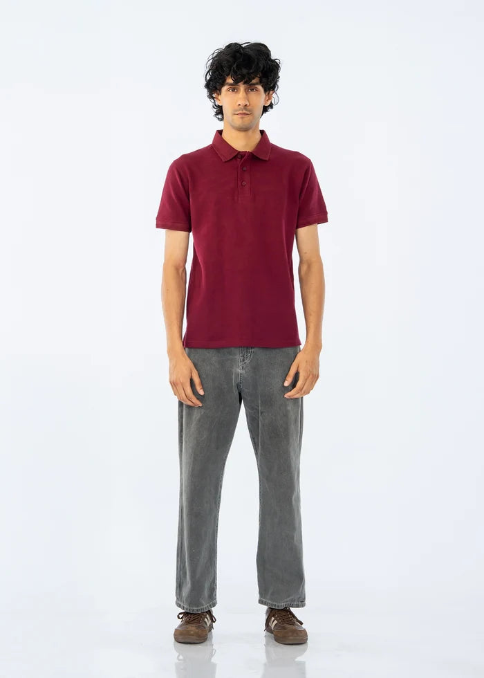 Maroon men's cotton pique polo shirt with short sleeves and buttoned collar