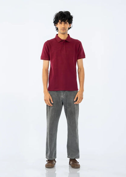 Maroon men's cotton pique polo shirt with short sleeves and buttoned collar