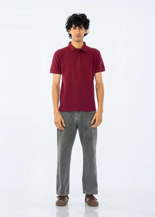 Maroon men's cotton pique polo shirt with short sleeves and buttoned collar