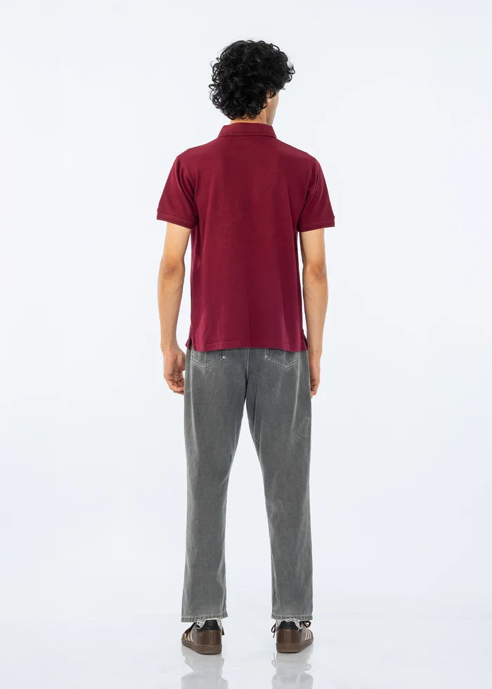 Maroon men's polo shirt, back view with ribbed collar and short sleeves