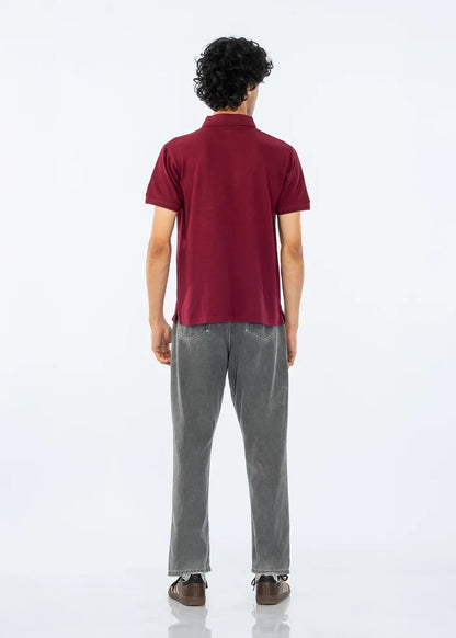 Maroon men's polo shirt, back view with ribbed collar and short sleeves