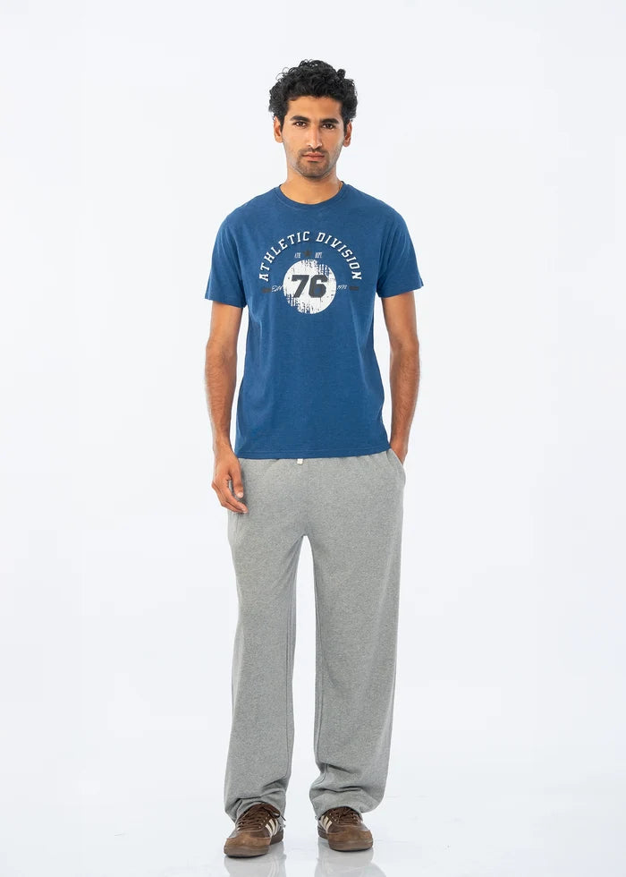 Men's grey pull-on trousers with straight legs, heather knit look