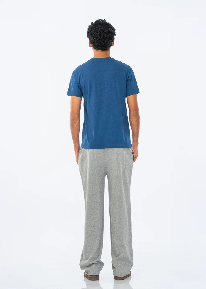 Men's grey pull-on trousers with straight legs, back view
