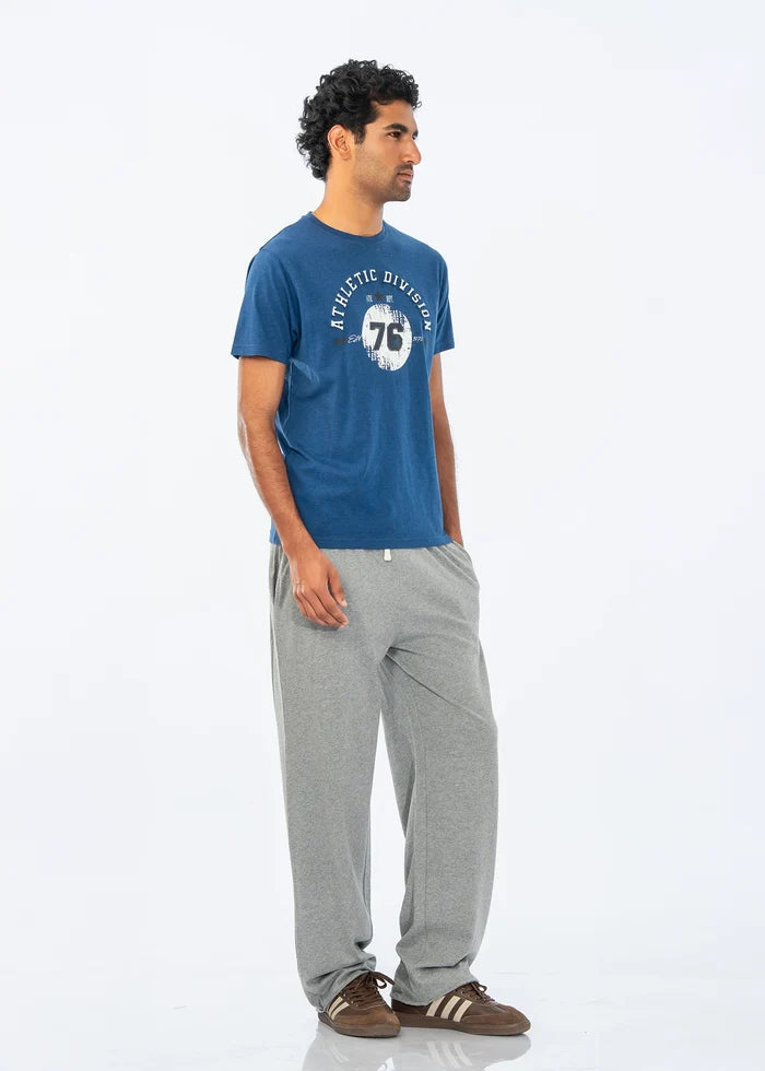 Men's grey pull-on trousers, side view, straight heather knit legs
