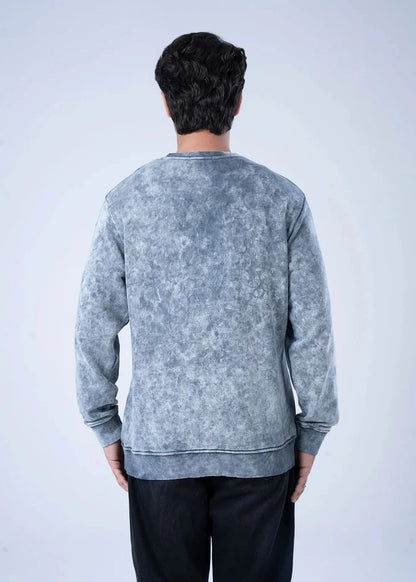 Men's grey winter terry sweatshirt, crew neck, long sleeves, ribbed hem and cuffs.
