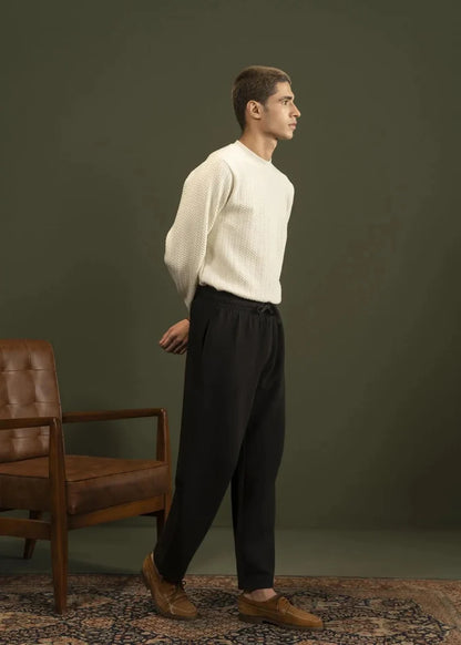 Men's winter sweatshirt in stone, textured jacquard knit, crewneck, long sleeves