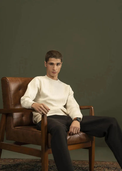 Stone jacquard crewneck winter sweatshirt with ribbed cuffs, seated relaxed