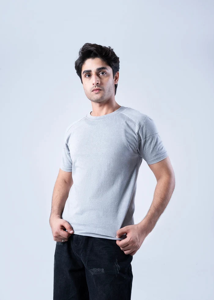 Men's light grey crew-neck t-shirt, front view with short sleeves