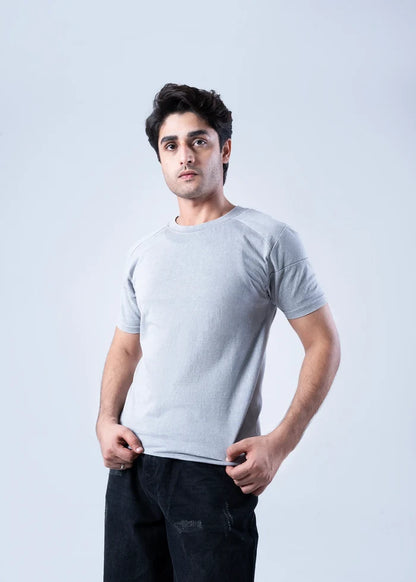 Men's light grey crew-neck t-shirt, front view with short sleeves