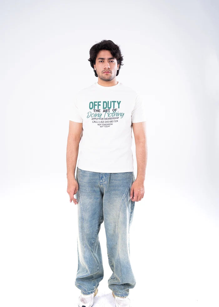 Men's off-white winter T-shirt with green “OFF DUTY” graphic on the chest