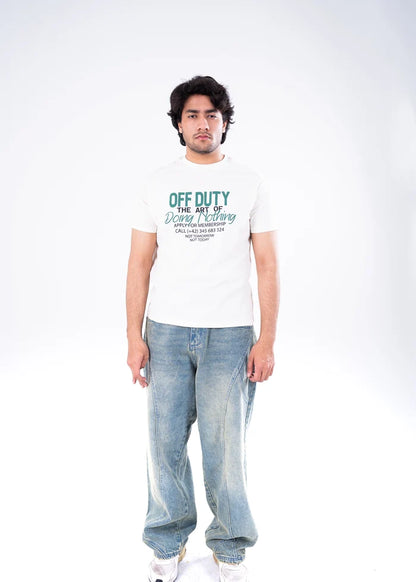 Men's off-white winter T-shirt with green “OFF DUTY” graphic on the chest