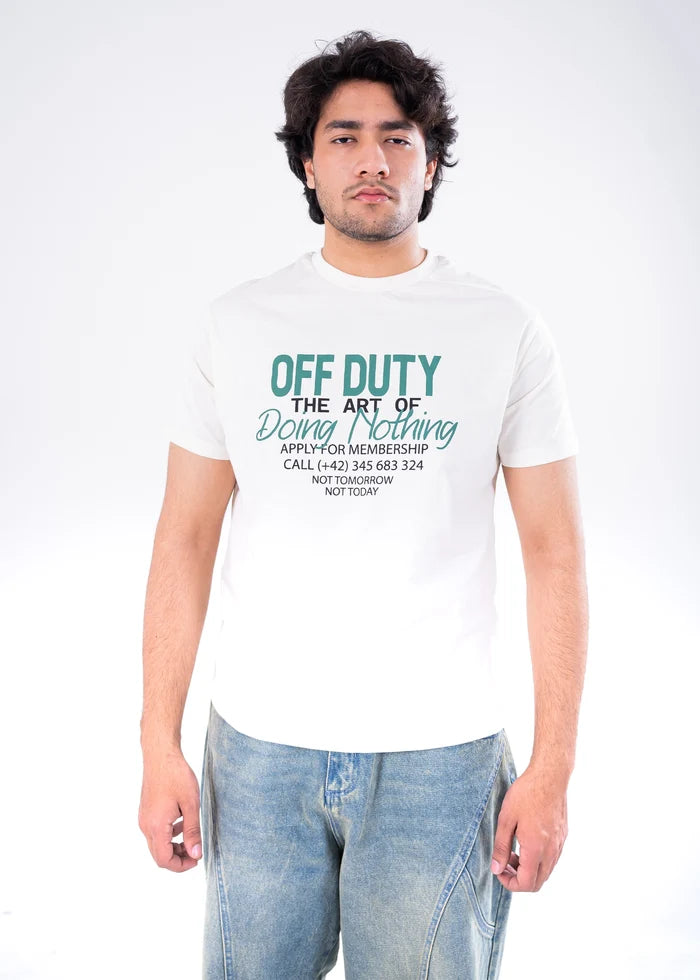 Men's off-white crew-neck winter T-shirt with green “OFF DUTY” text graphic